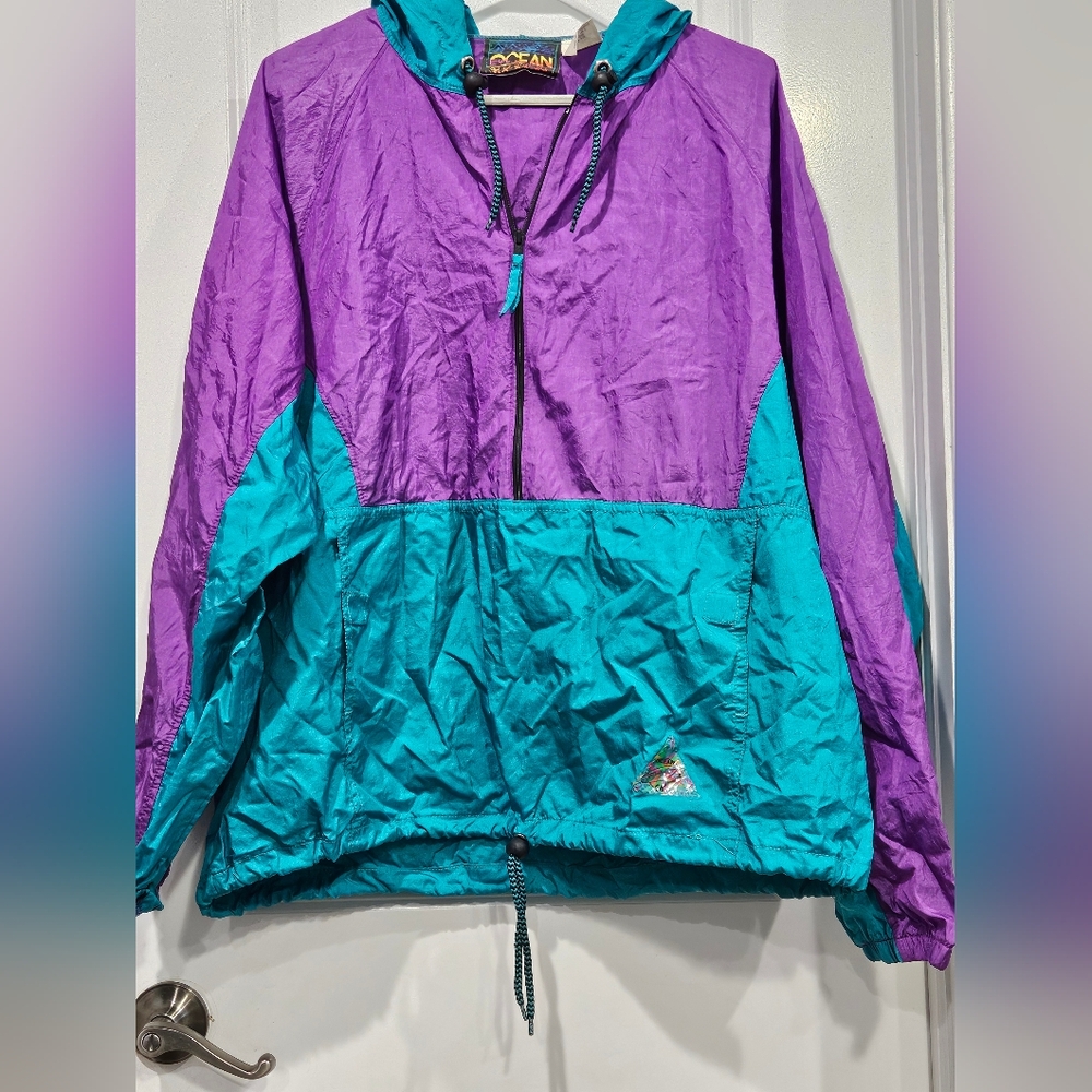 Vintage Ocean Equipment Green Nylon Zip Hoodie Windbreaker Jacket Women's Size L